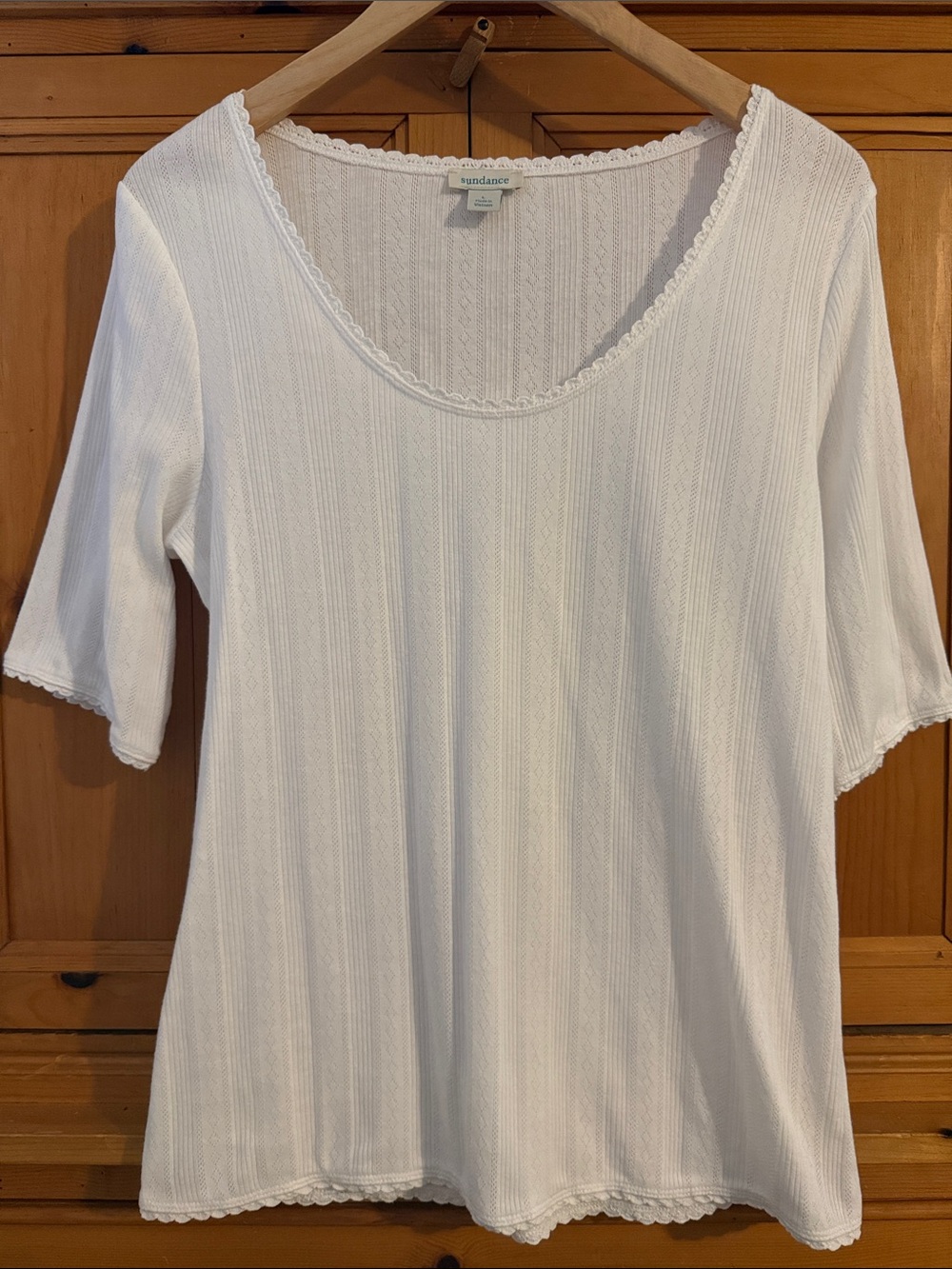 NWOT sundance 100% Cotton Pointelle Scoop Neck Elbow Tee, Large, White
